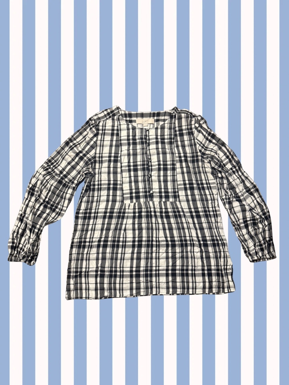 LOFT Black and White Plaid Peasant Blouse - S - 100% Rayon